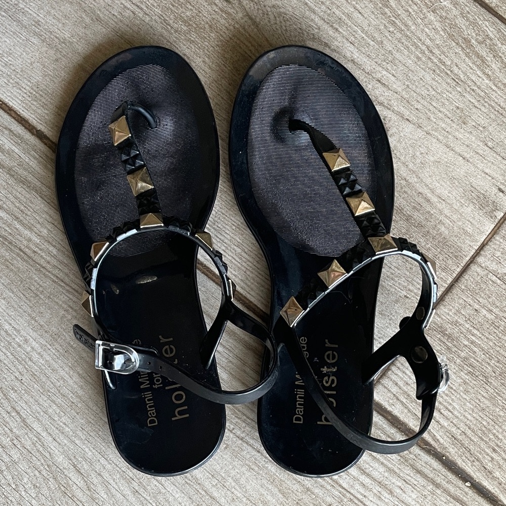 Holster Black Studded T-Strap Sandals with Silver Accents